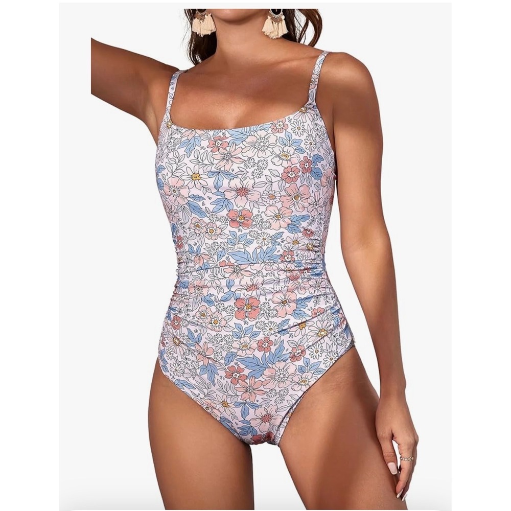 Eomenie Womens Floral One Piece Swimsuit Ruched Tummy Control Square Neck Multi